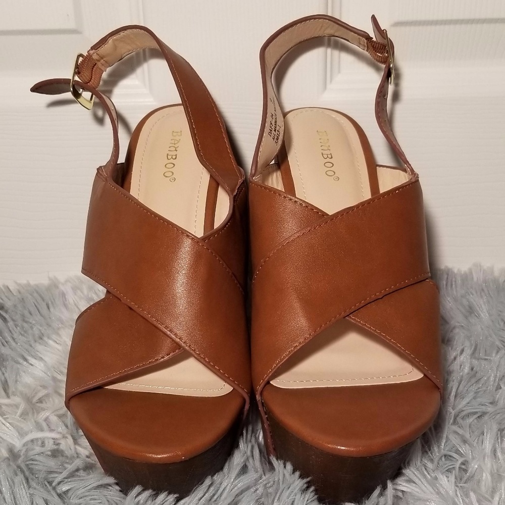 Brown Strappy Wedges with Buckle Closure Size 9